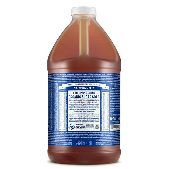 Dr. Bronner's - Savon au Sucre Bio (Menthe Poivrée, 64 Onces) - Fabriqué avec des Huiles Bio, du Sucre et de la Poudre de Shikakai, Utilisations 4-en-1: Mains, Corps, Visage et Cheveux, Nettoie, Hydratant