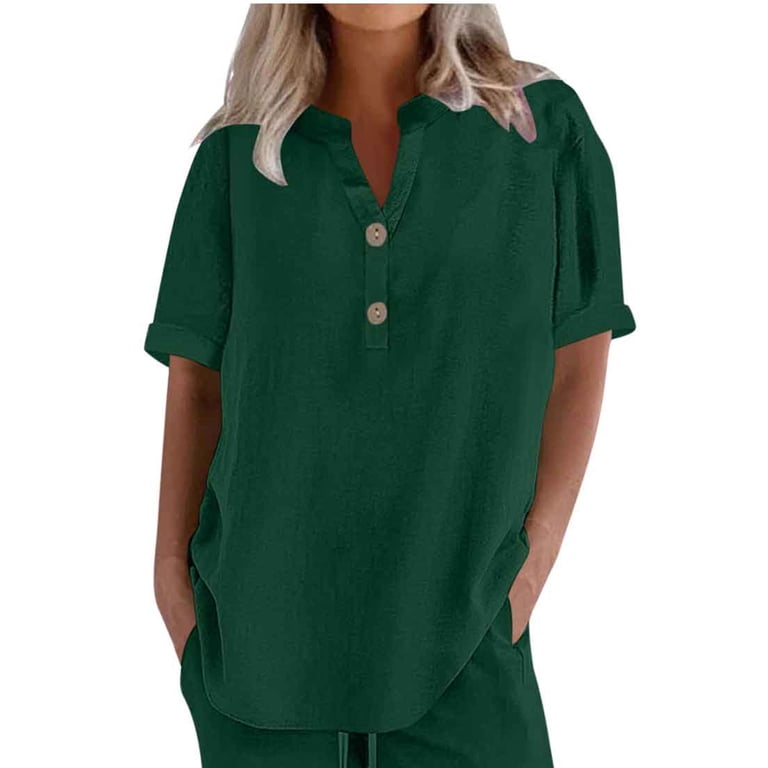 XUNKUSGA Womens Plus Size Tops Oversized Crew Neck Cotton Linen