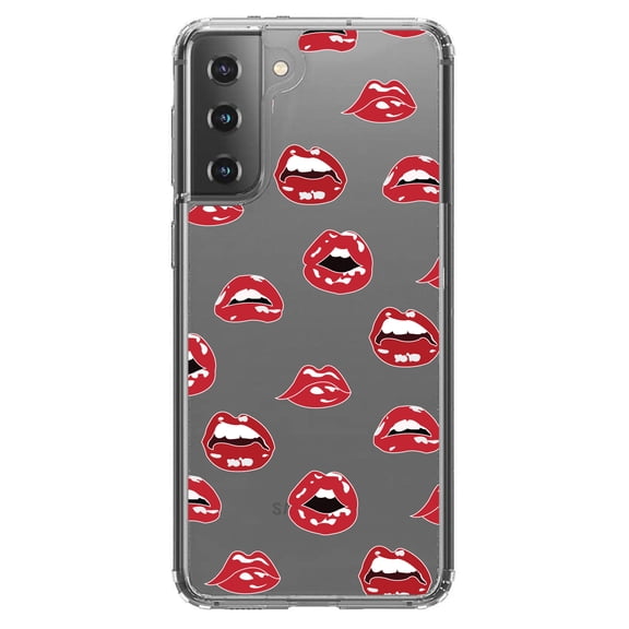 DistinctInk Clear Shockproof Hybrid Case for Galaxy S21  PLUS 5G (6.7" Screen) - TPU Bumper, Acrylic Back, Tempered Glass Screen Protector - Red Lips