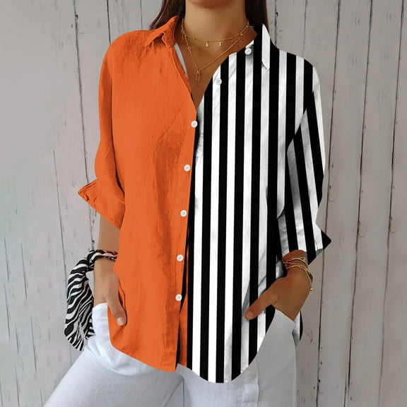 Aobny Striped Women's T-Shirts Orange Button Up Blouse Long Sleeve V-Neck Womens Summer Tops Casual,XL
