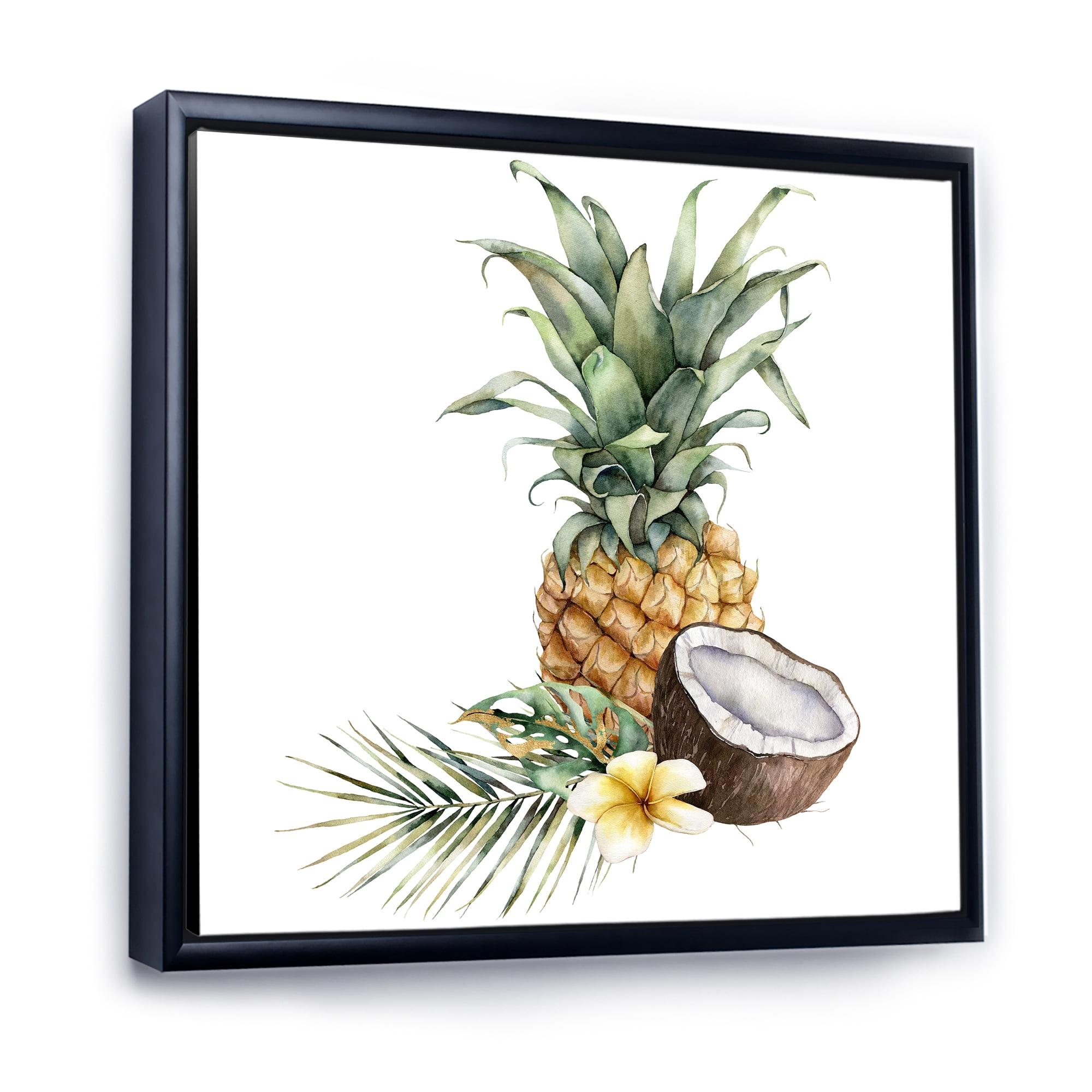Pineapple With Plumeria Coconut and Palm Leaves 16 in x 16 in Framed Painting Canvas Art Print, by Designart