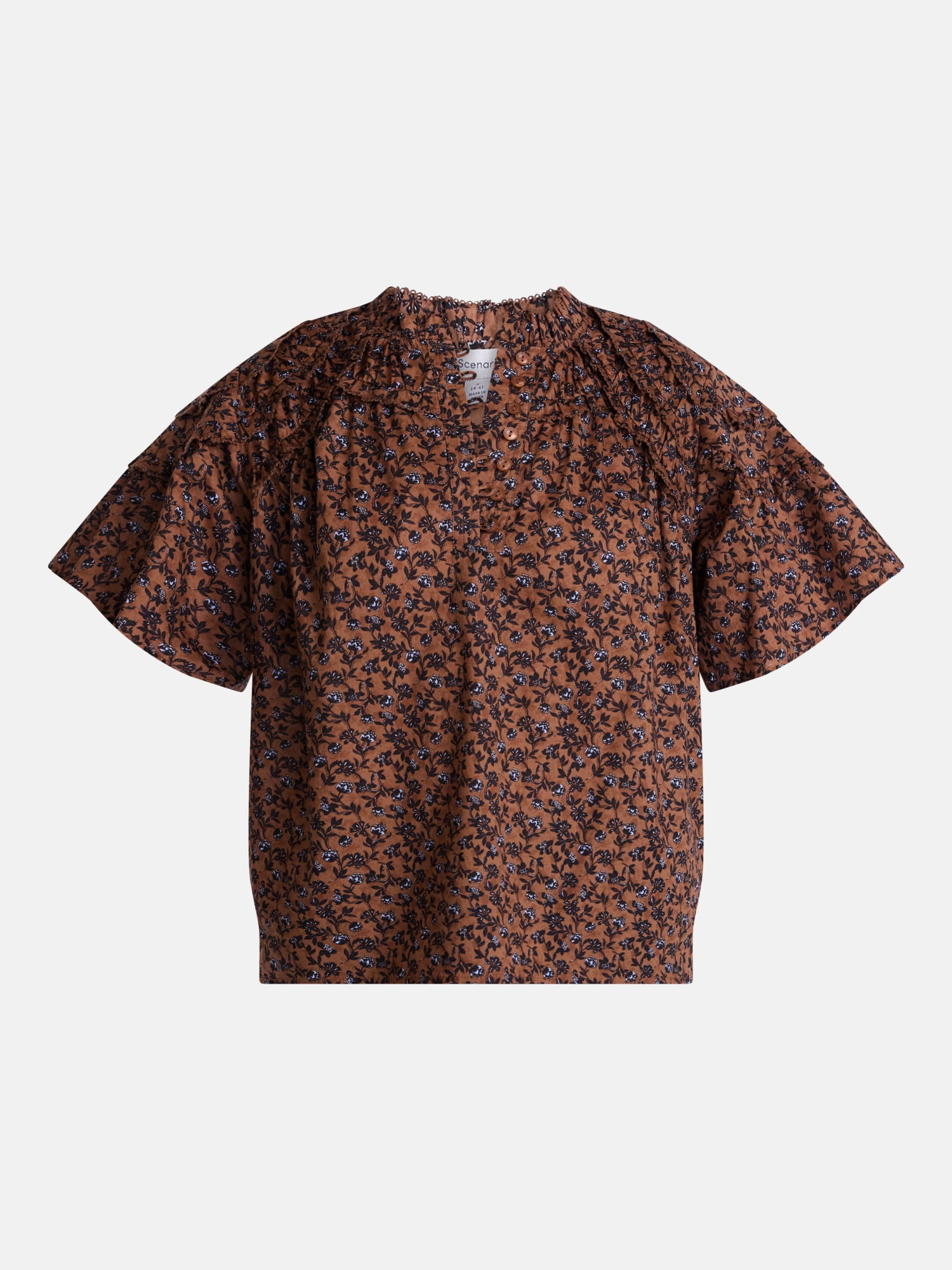 Scenario Women's Gathered Cotton Voile Top with Short Sleeves, Size XS-XXXL