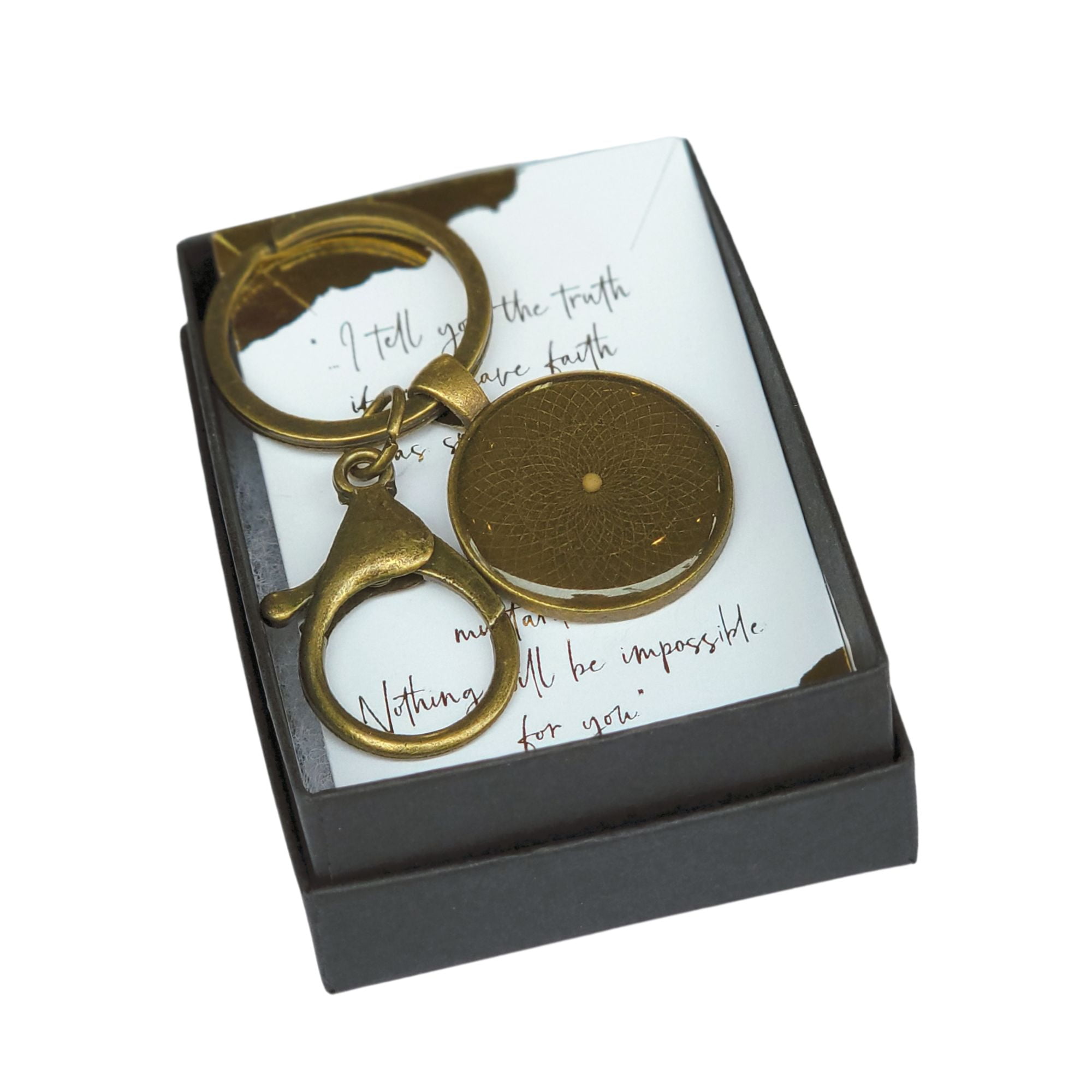 Mustard seed keychain,large 25mm hand made bronze bezel, gift wrapped with scripture card