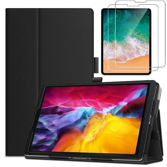 Epicgadget PU Leather Cover Case for iPad Air (5th and 4th Gen) 10.9-inch and iPad Pro 11-inch (3rd, 2nd and 1st Gen) with 2 Pieces Tempered Glass Screen Protector (Black)