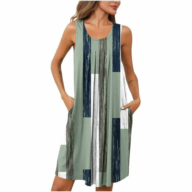 Jgppe Chemise de Nuit pour Femmes Décontractée Imprimée Sans Manches Col Rond avec Poches Plissée