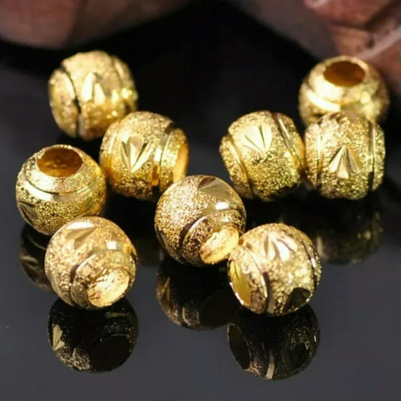 U8MO Round Gold/Silver 8mm 10mm Matte Carved Hollow Metal Loose Big Hole Beads Lot-Gold-8mm 30pcs