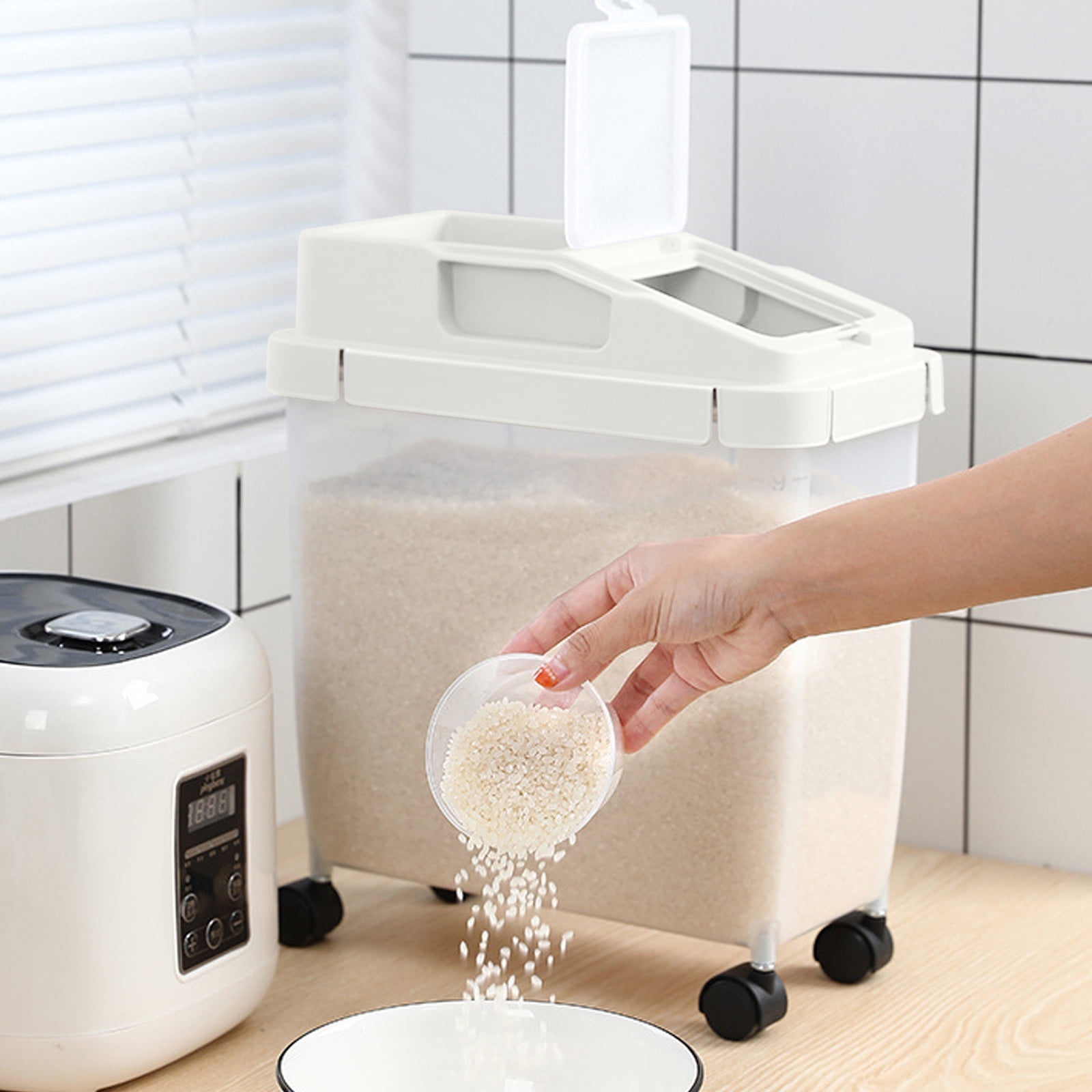 AYktou Food Storage Containers with Lids, Large Airtight 20 LB Rice Storage Boxes with Mobile Roller & Measuring Cup, Pet Food Container Flour Grain Cereal Container Multi-Functional Containers