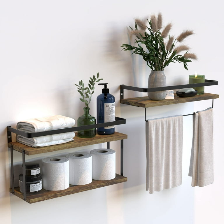 2+1 Tier Wall Mounted Floating Shelves Set of 2, Rustic Wood Wall Shelf  with Metal Frame, Extra Storage Rack for Bathroom, Kitchen, Bedroom with  Tissue Rack & Towel Bar - Rustic Brown 