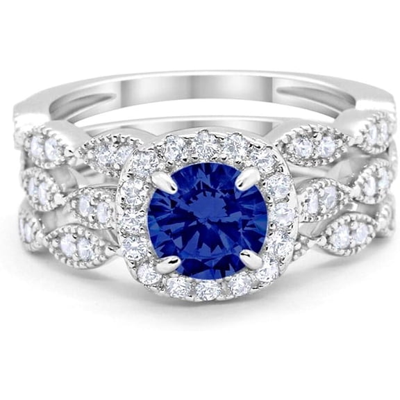 Divine Creation 2.00 Ct Round Cut Blue Sapphire Wedding Engagement Bridal Ring Set 14K White Gold Plated 925 Sterling Silver For Women's -9.5