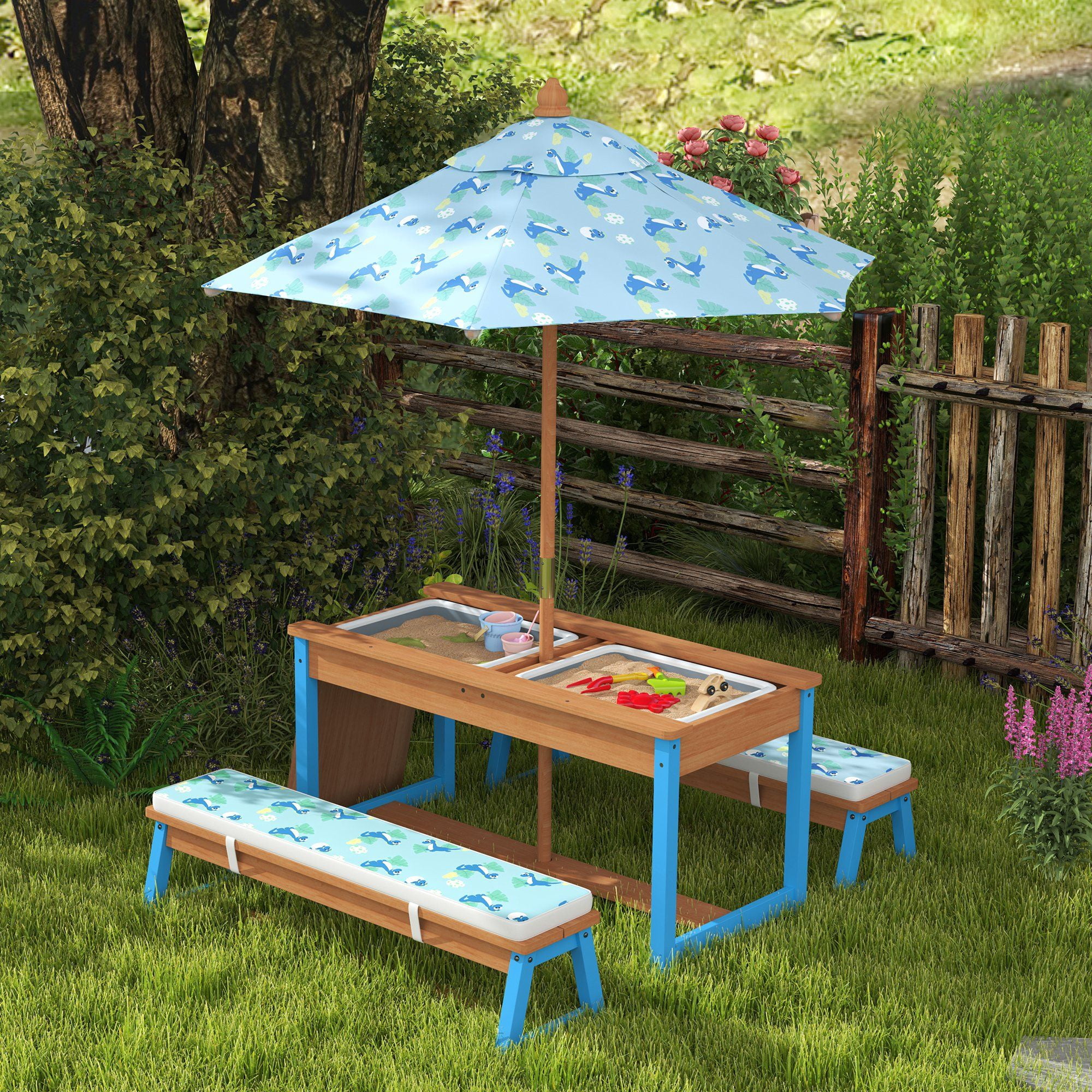 Kids Picnic Table Set with Foldable Umbrella, Removable Cushions & Boxes, Dinosaur Theme, Blue