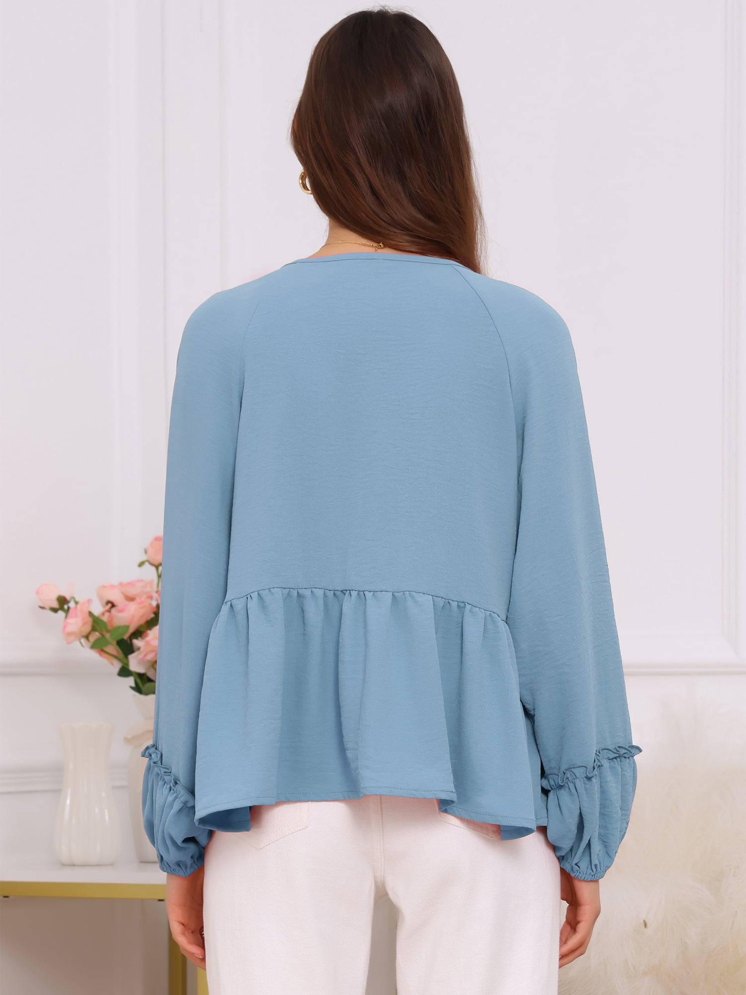 DARING DIVA Women's Maternity Empire Waist Babydoll Lantern Sleeve Blouse M Blue