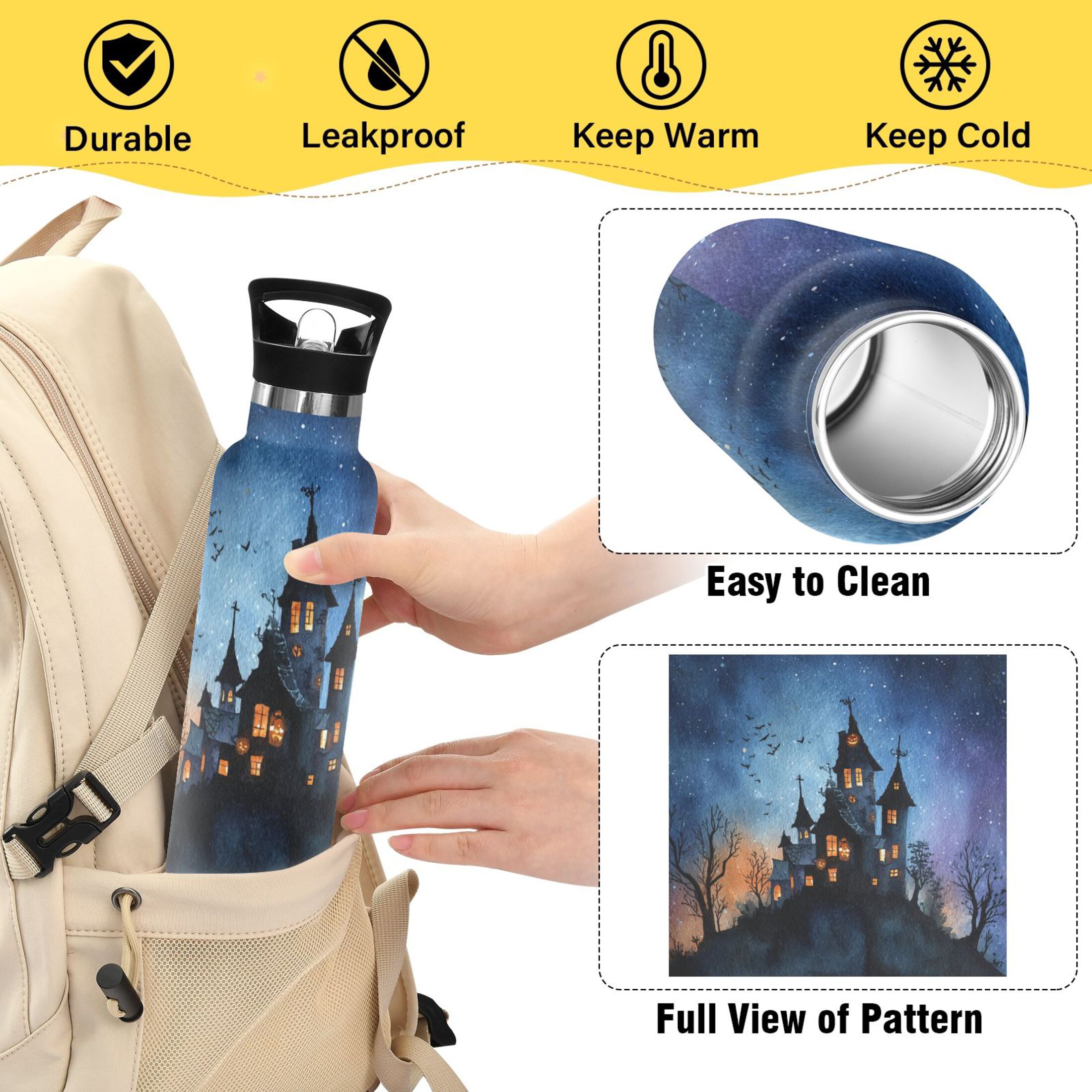 600ML Stainless Steel Insulated Cup Sports Water Bottle Portable Thermos Cup Water Glasses Insulated Tumblers Convenient and Durable Cartoon Halloween Castle