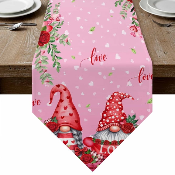 Red Gnomes Table Runner Linen Burlap Table Runner 60 Inches Long Valentine's Day Love Roses Leaves Ombre Pink Dresser Scarves for Kitchen Island Coffee Dining Party Wedding Holiday Decor 13"x60"