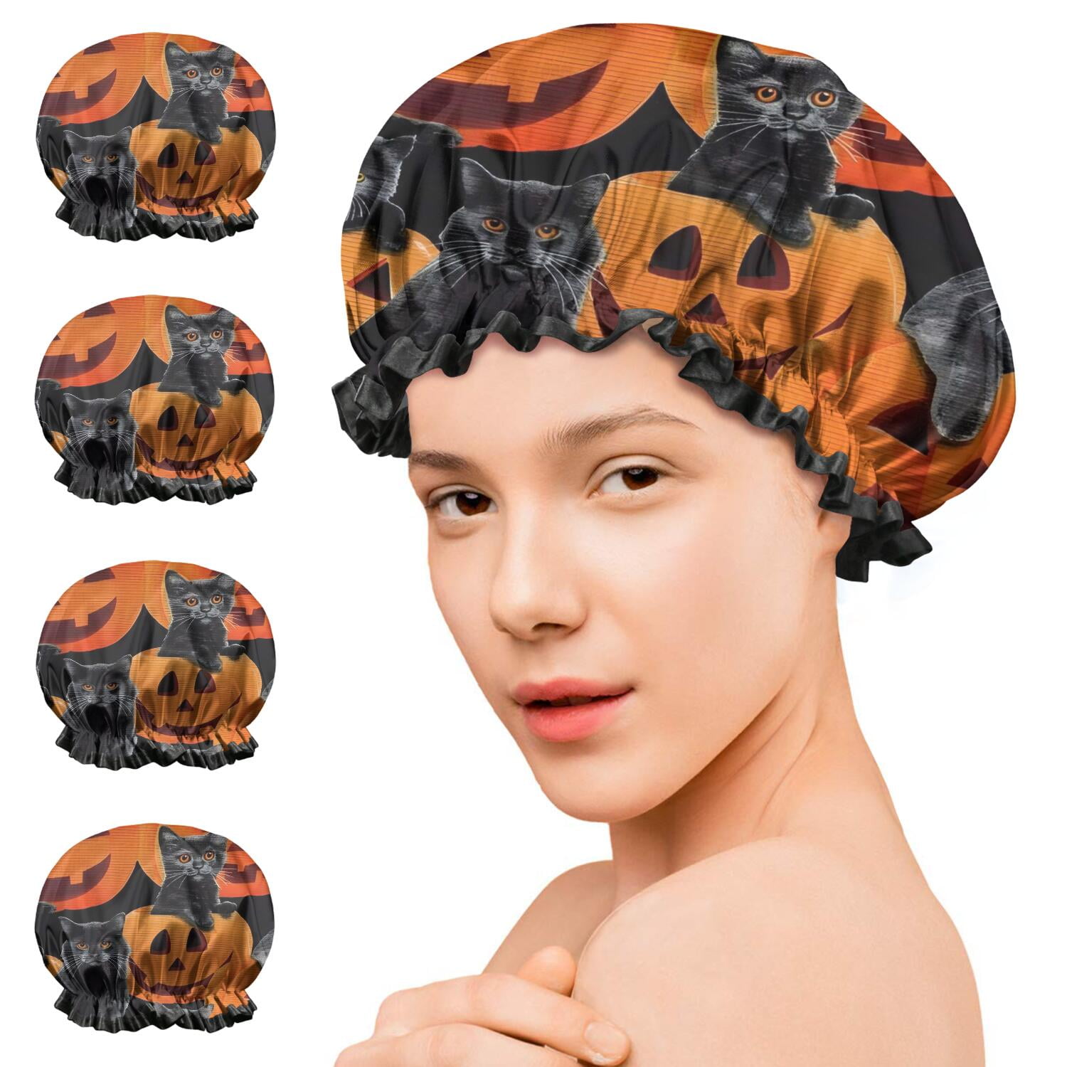 Shower Caps,Halloween Black Cats and Pumpkins Pattern Waterproof Shower Cap for Women 4 Pieces,Double Reusable Hair Cover for Shower PEVA Elastic Stretch Hem