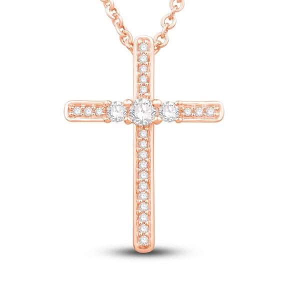 1.00 Ct Round Cut Natural Multi Diamond Accents Stunning Three Stone Cross Pendant Necklace for her in Solid 14K Rose Gold With 18 inches chain