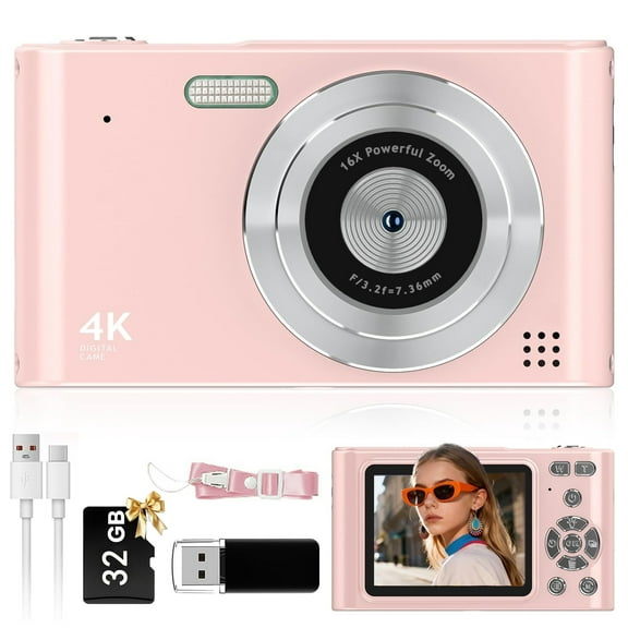LASIEYO Digital Camera 4K HD 48MP Vlogging Camera, Autofocus Compact Camera with 16X Zoom, Point and Shoot Digital Camera with 32GB SD Card for Teens Beginners (Pink)