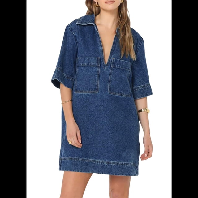 Minivestido Vaquero Informal de Verano para Mujer, con Cuello en V y Bolsillos, Azul Oscuro, Talla XL