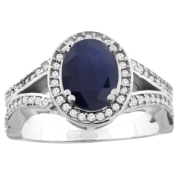 14k White Gold Diamond Halo Genuine Quality Blue Sapphire Ring Split Shank Oval 8x6mm, size 8