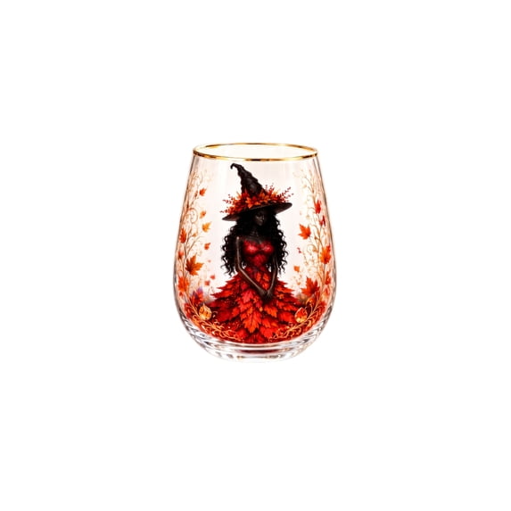 Artistic Halloween Harvest Witch Stemless Wine Glasses,4.2*2.7 Inch Witch Themed Glassware Collection, Novelty Spooky Gold Rim Drinking Cups for Cocktails Juice Iced Coffee, Gift for Halloween Fans