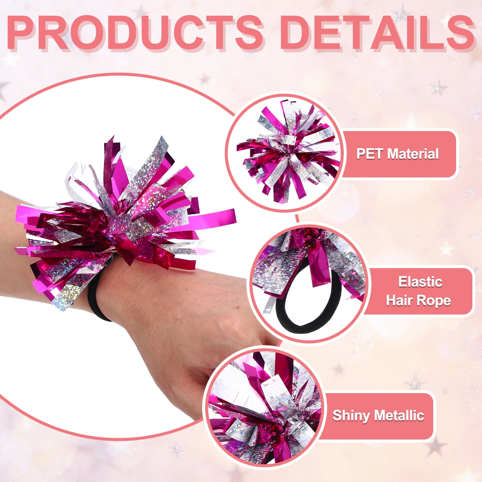 Uxcell 24 Pcs Cheerleading Pom Poms Hair Ropes for Basketball Game,Outdoor Activities, Rose Red