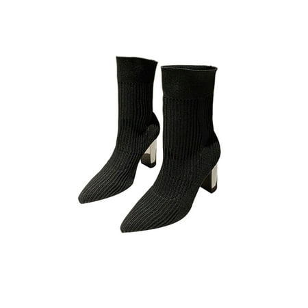 

Oucaili Women Breathable Chunky Heeled Block Heel Boot Office Fashion Dress Shoes Anti Slip Pull On Elastic Socks Boots Black 8.5