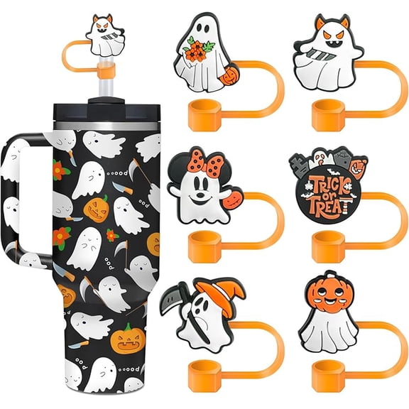 6 Packs Ghost Straw Topper Halloween Stanley Straw Cover Ghost Straw Covers Cap for Stanley 30&40 Oz Water Bottle Stanley Cup Accessories Straw Tips Lids Halloween Party Gifts