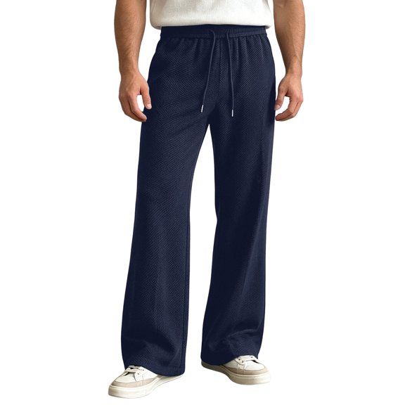 JIAYUE Men's Plaid Wide Leg Pants Soft Breathable Relaxed Fit Elastic Drawstring Waist Loose Fit Textured Casual Straight Lightweight Trousers For Travel Beach Daily Walking
