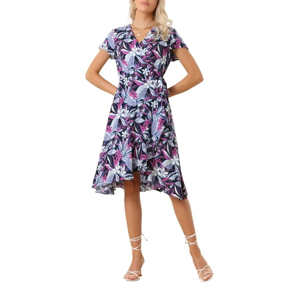 INSPIRE CHIC Women's Midi Wrap Summer Tropical Floral Dress