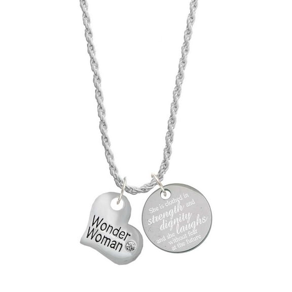 Delight Jewelry Silvertone Large Wonder Woman Heart She is Clothed in Stength and Dignity Charm Necklace, 20" 3"