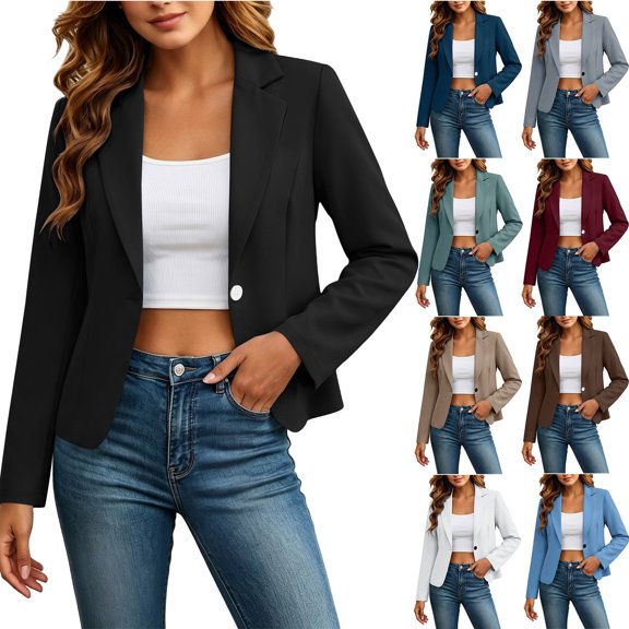Cekizud Blazers for Women Solid Lapel Single Button Long Sleeve Cropped Business Suit Jacket,Sizes S-2XL