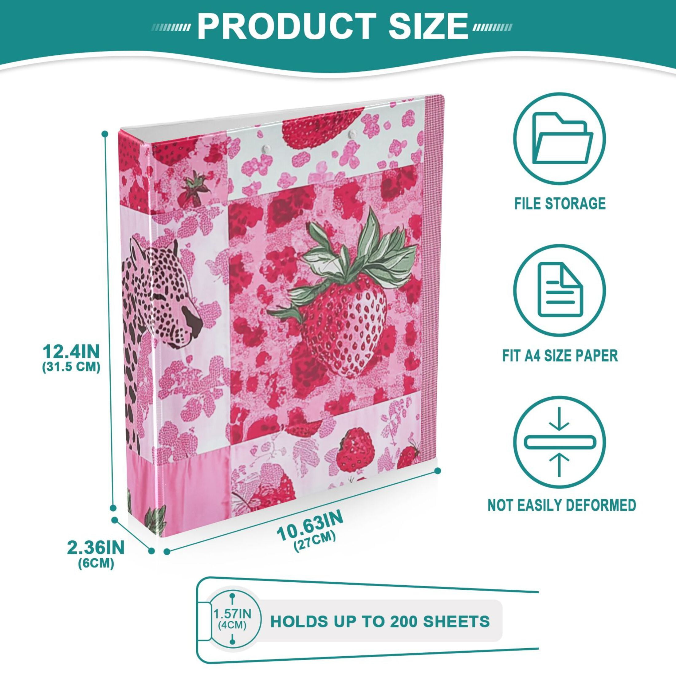 Pink Cheetah Strawberries 3 Ring Binders 1.5 inch Hardcover File Folders with Interior Pockets A4 Size Organizer for School Office Hospital