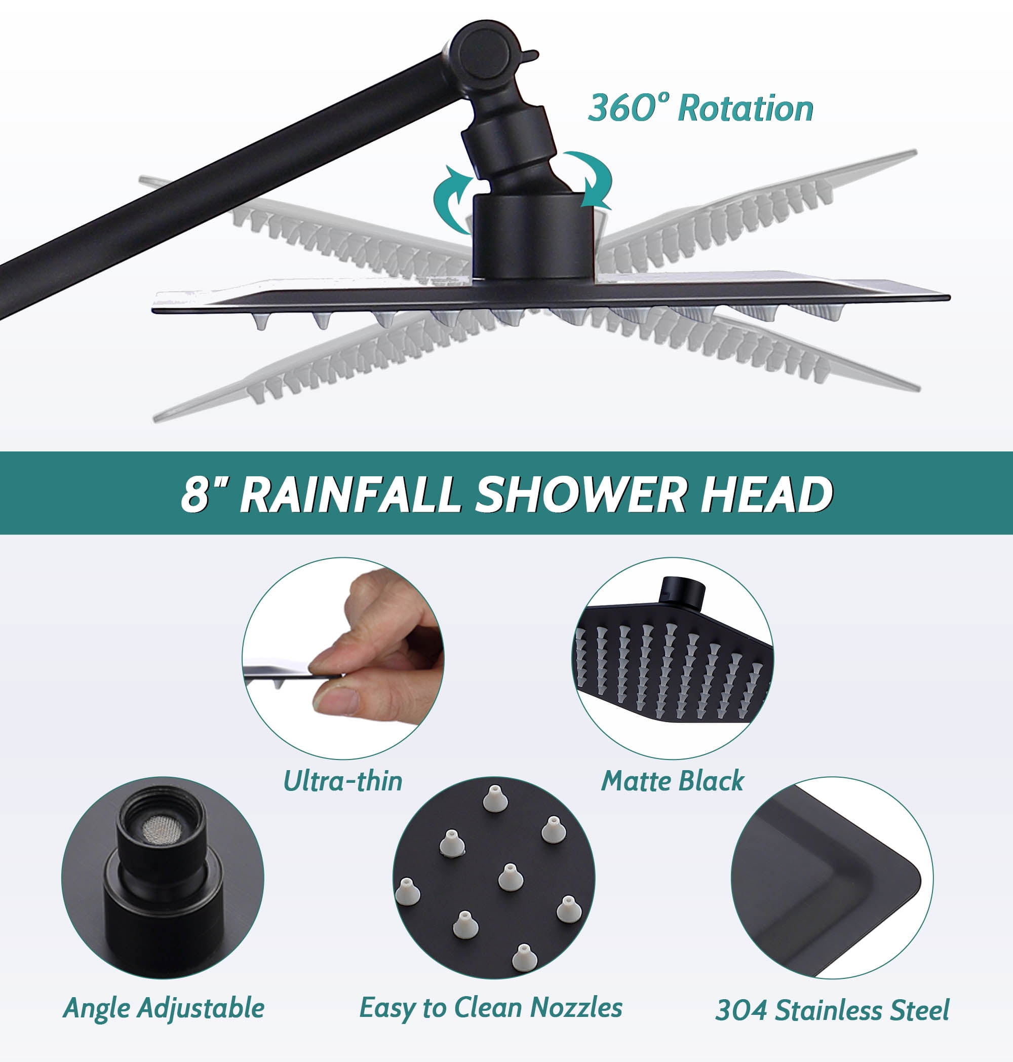All Metal Dual Square Shower Head Combo, Rain Shower Head with Handheld Shower Wand and Extra Long Flexible Hose (Matte Black)