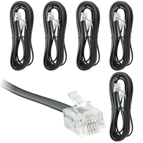 Newhouse Hardware 15 ft Telephone Extension Cord, With RJ11 (6P4C) Connectors, Works with Telephones, Fax Machines, Modems, 5-Pack, Black