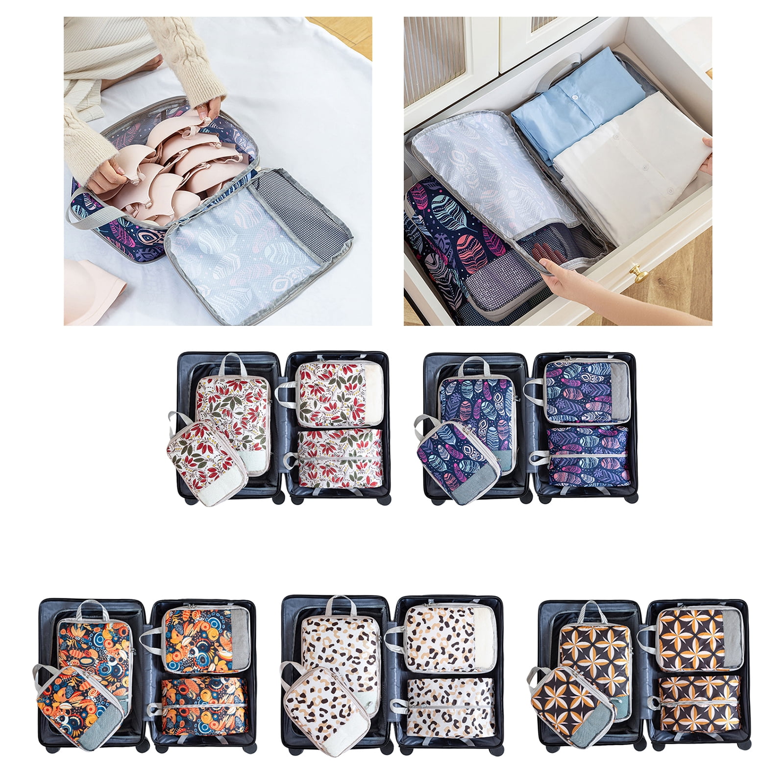 Set of 4 Travel Organizers Packing Bags Stylish Printing Travel Organizers Cubes For Clothes And Accessories