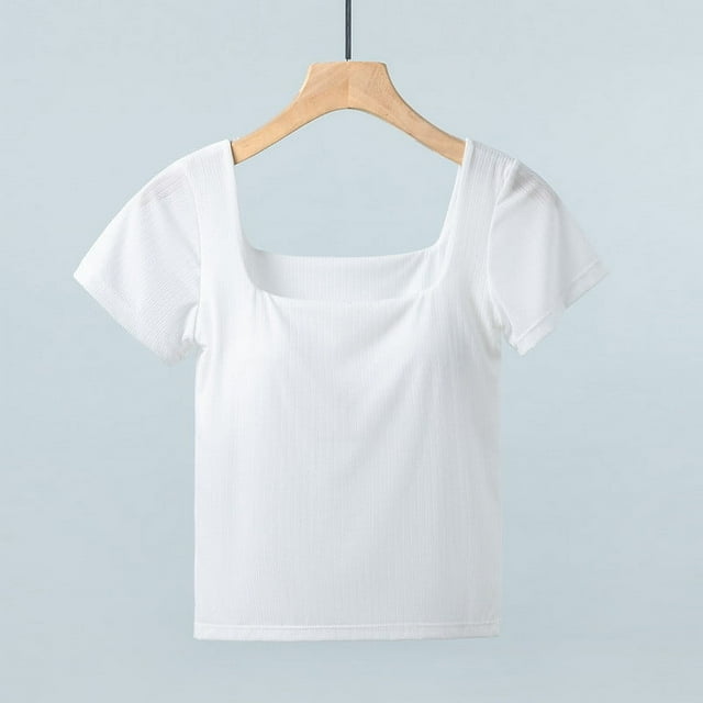 asjyhkr Plus Size Womens Crop Going out Tops Square Neck Short Sleeve Blouses Slim Fitting Trendy 2025 Clothes Solid Color