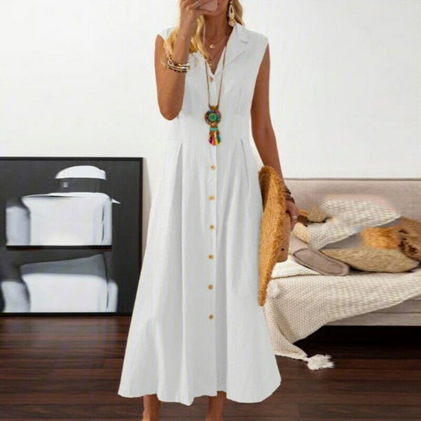 zanvin Summer Dresses 2023, Mode de Dégagement Women Automne Solide Causal Col Sans Manches Bouton de Vacances Dress