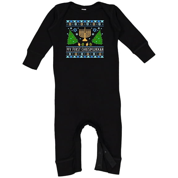 Inktastic My 1st Chrismukkah Sweater Style with Menorah and Trees Baby Romper Coveralls