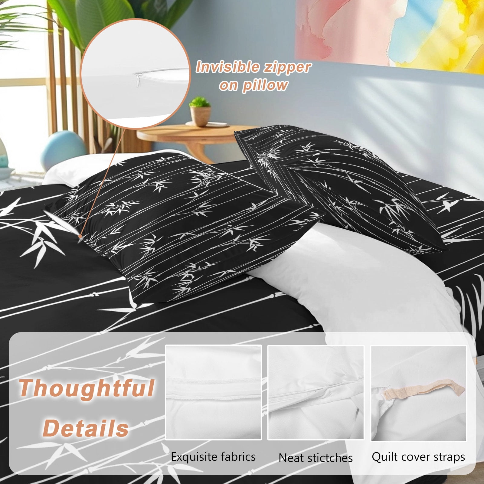 Black Bamboos Comforter Set Queen Size, Minimalist White Bamboos Stems Leaf Soft Bedding Set for Man Woman, 4 Pieces Duvet Cover Set with Fitted Sheet, 2 Pillowcases