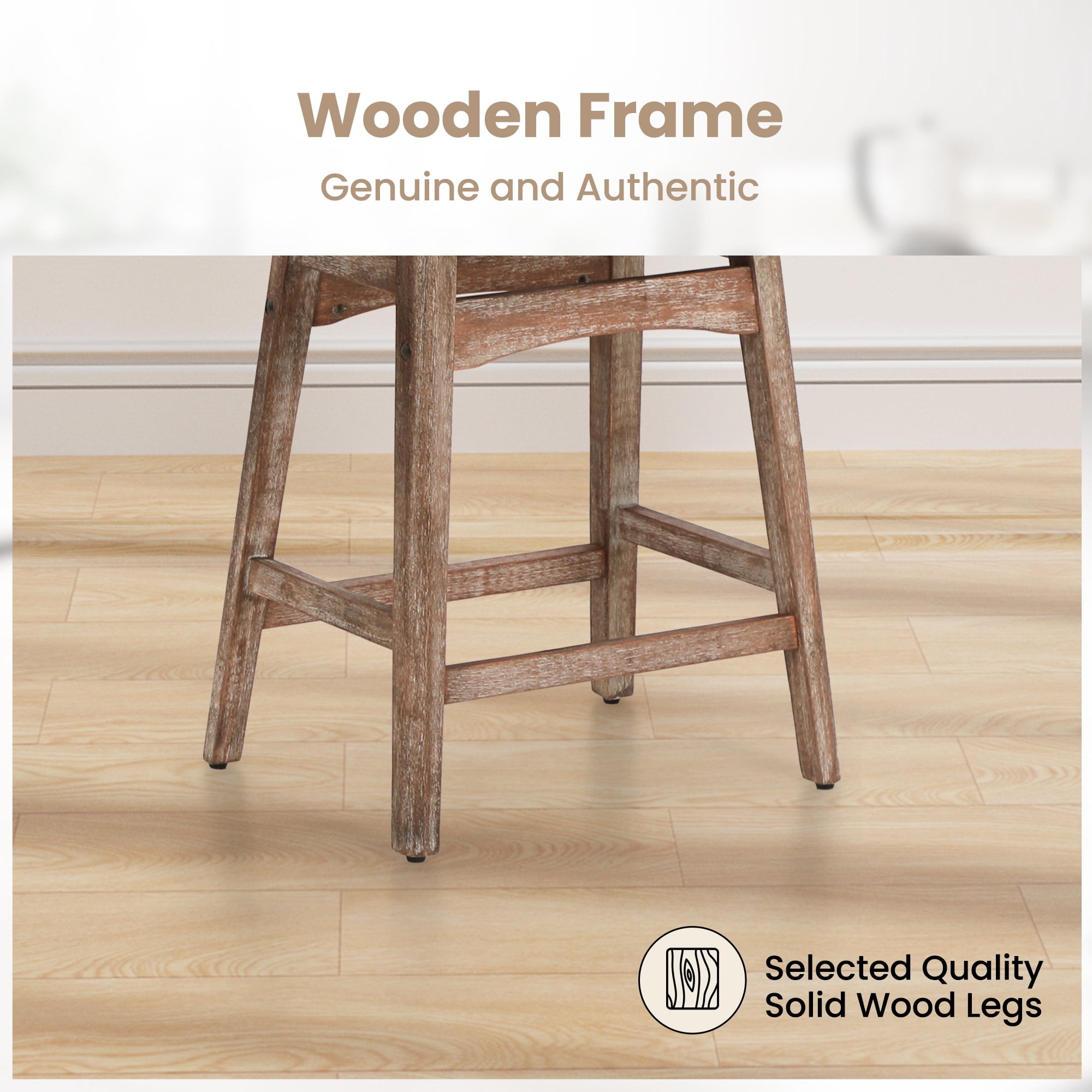 Summit Living 24 inch Wooden Counter Stool Set of 4, Backless Saddle Linen Bar Stool for Kitchen, Gray