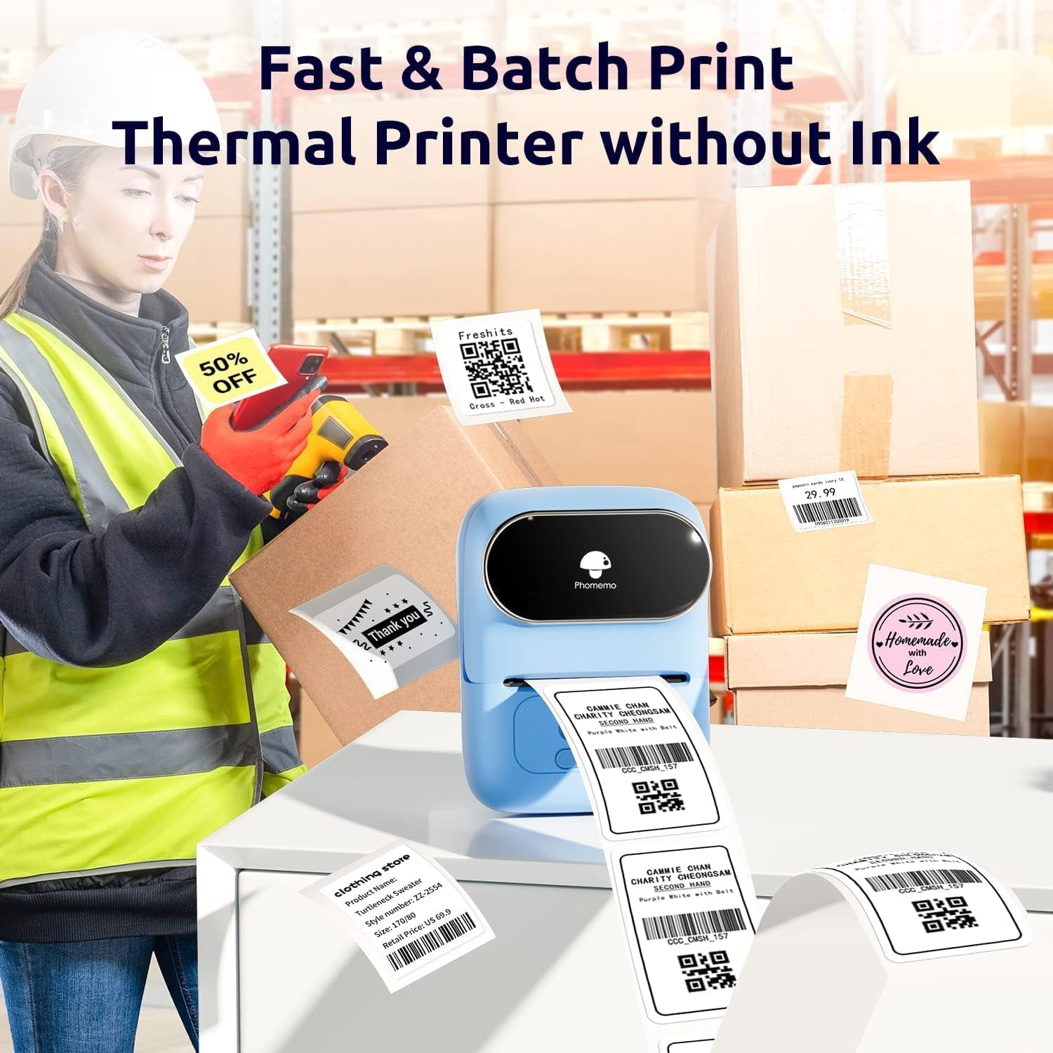 Phomemo M110 Label Printer - Portable Bluetooth Address Label Maker for Small Business, Barcode & Retail, Compatible with Phones & PC (Blue)