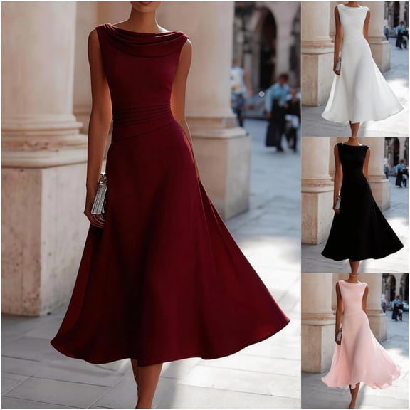 Women's Sleeveless Cowl Neck Chiffon Midi Dress Ruched Waist Fitted A Line Flowy Dress formal Evening Gown Wedding Guest Party Dress White