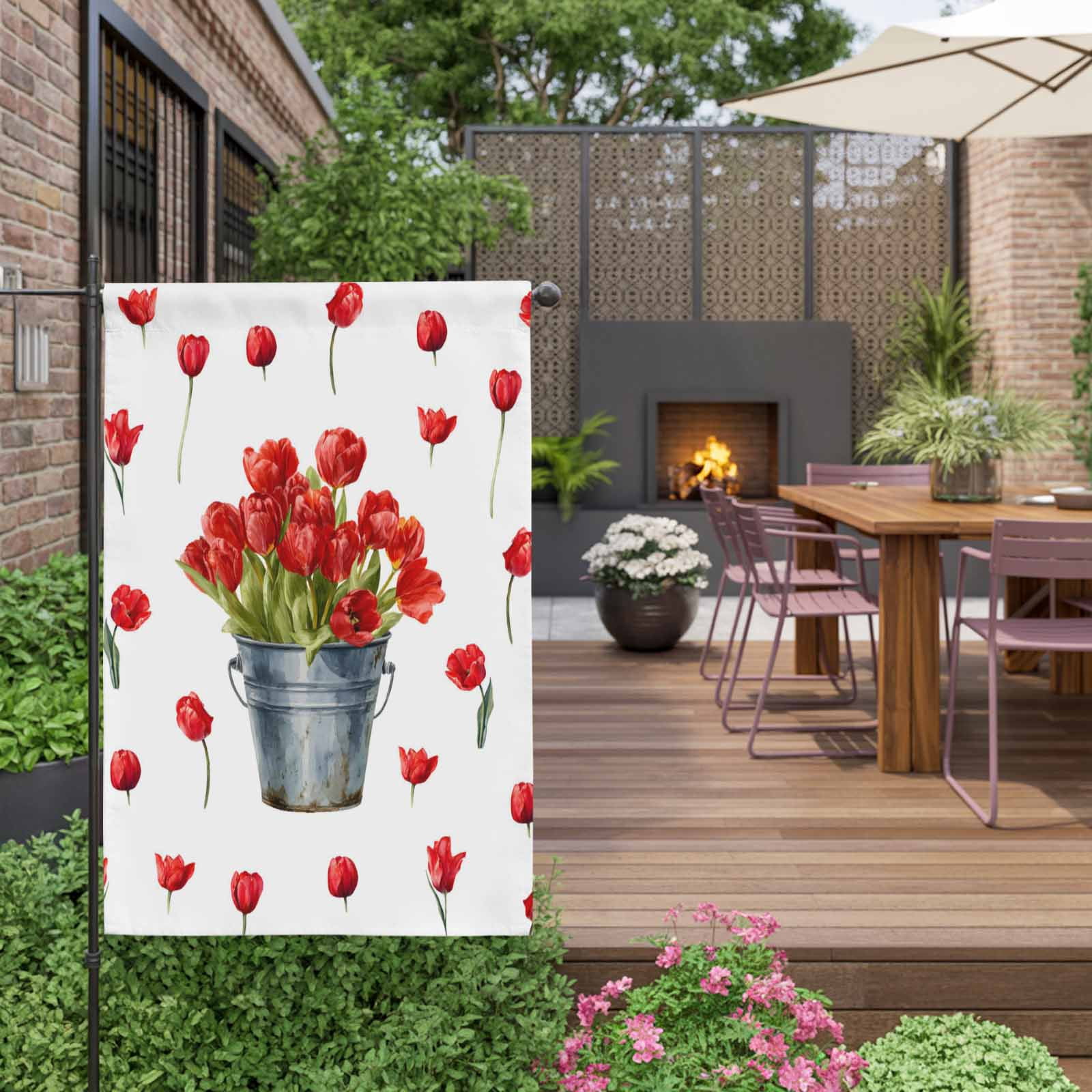 Spring Florals House Flags For Outdoor, Red Tulip Floral Drum Farm Plants Country Small Double Side Yard Flags Weather Proof House Decor for Lawn Outside Holiday 28 x 40 Inches