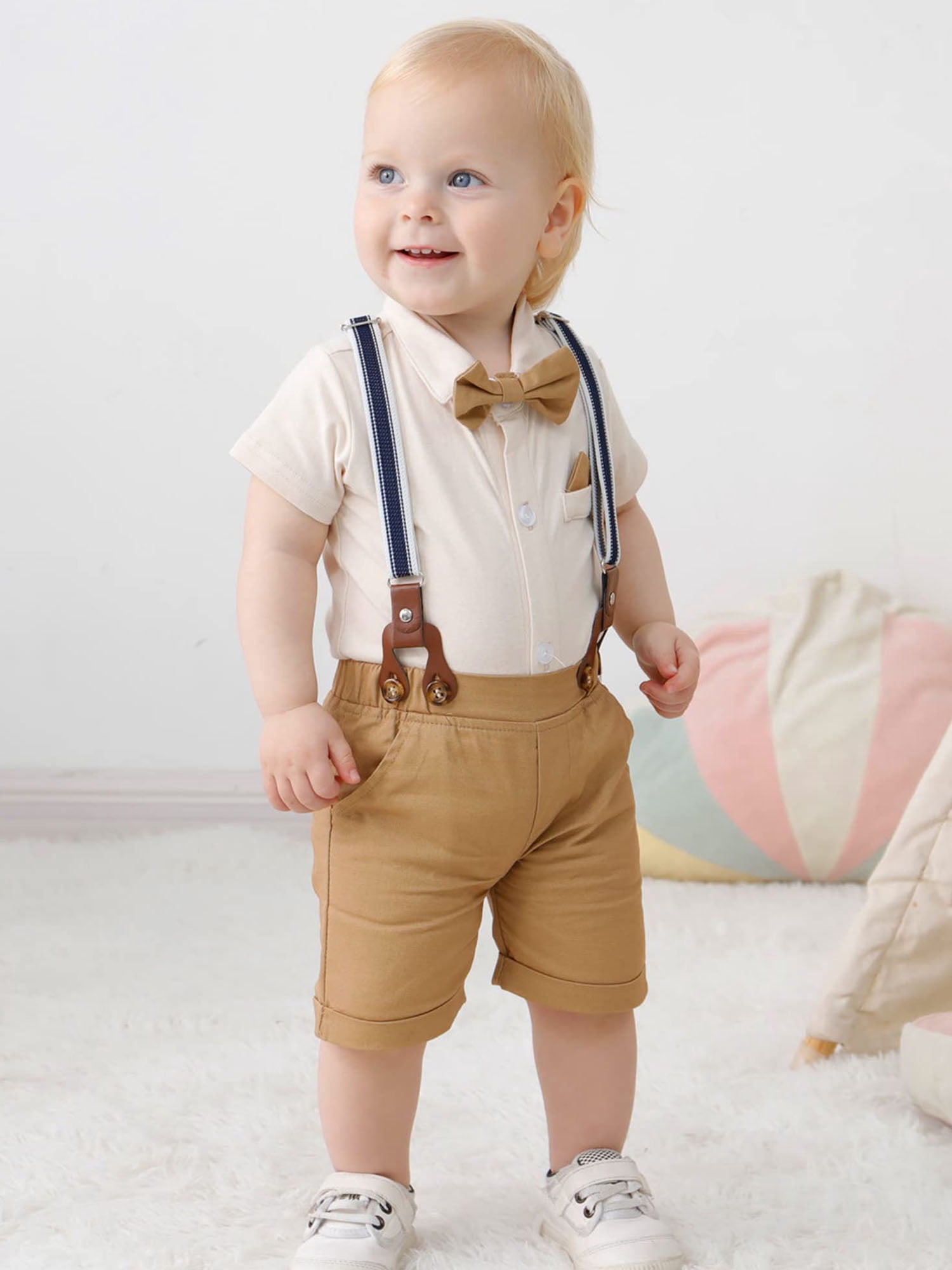 WESIDOM Infant Toddler Clothes Gentleman Shirt Suspender Pants Bowtie Summer Short Sleeve 0-24M 3pcs