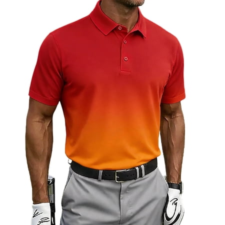 Mens Golf Shirts Short Sleeve Button Collared Athletic Shirt Gradient Print Moisture Wicking Vacation T-Shirt Loose Fit