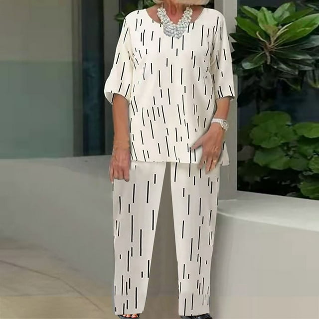 Aqestyerly Hauts d'Été Tendance pour Femmes Imprimé Manches Mi-Longues Pull + Pantalons Ensembles