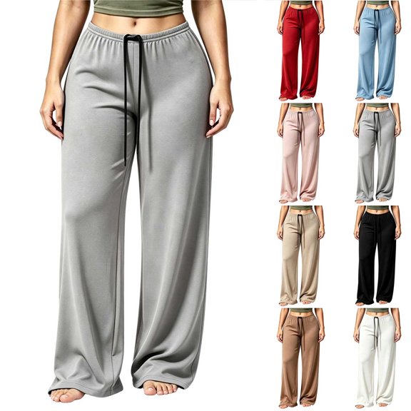 Tqcoqu Women's Solid Color Drawstring Elastic Waist Wide Leg Pants Casual Loungewear Long Trousers For Fall Winter