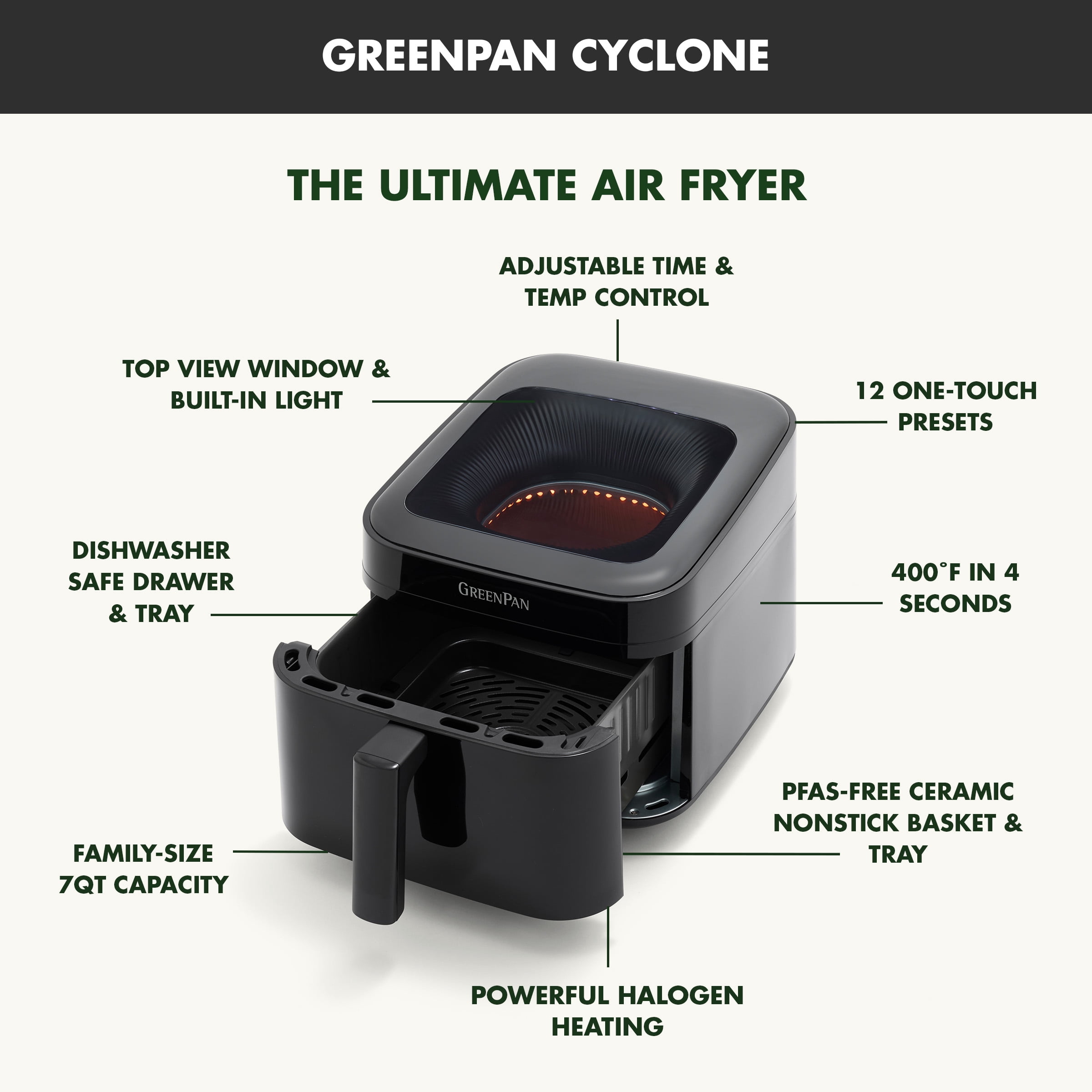 GreenPan Cyclone 7QT 12-in-1 Air Fryer, XL Easy View Window, 400 °F in 4 Seconds
