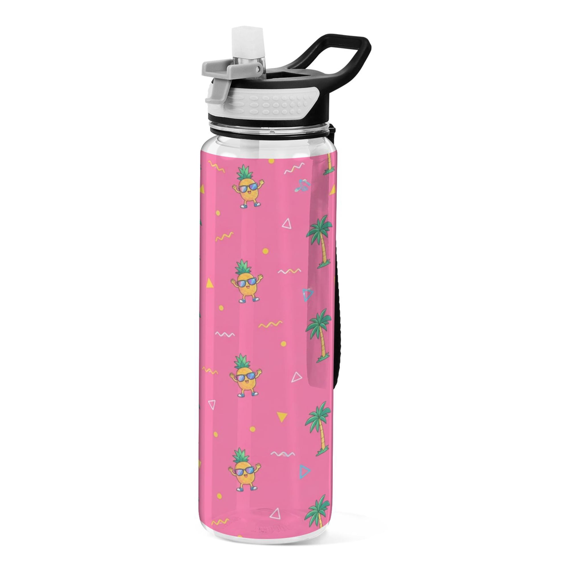 Wobogo Sports Water Bottle 34oz with Straw BPA-Free Tritan for Gym Travel & Outdoor Activities Pink Palm Pineapple Print