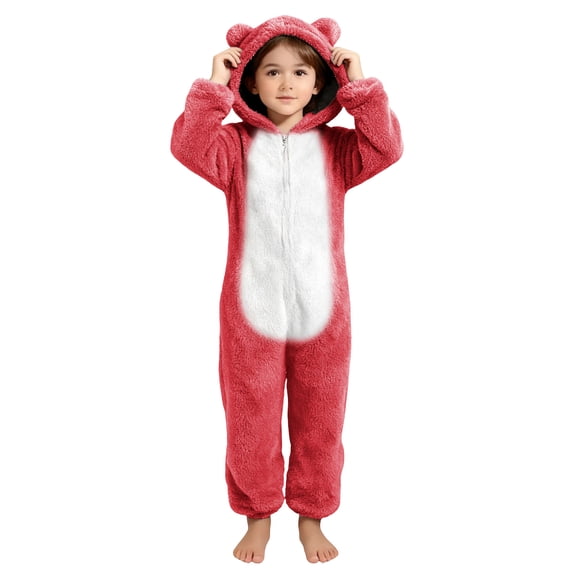 vdgthytj Girls Fleece Hooded Jumpsuit Cute Ear Fuzzy Winter Warm Rompers Casual Zip up Outfits One-Piece Sleepwear