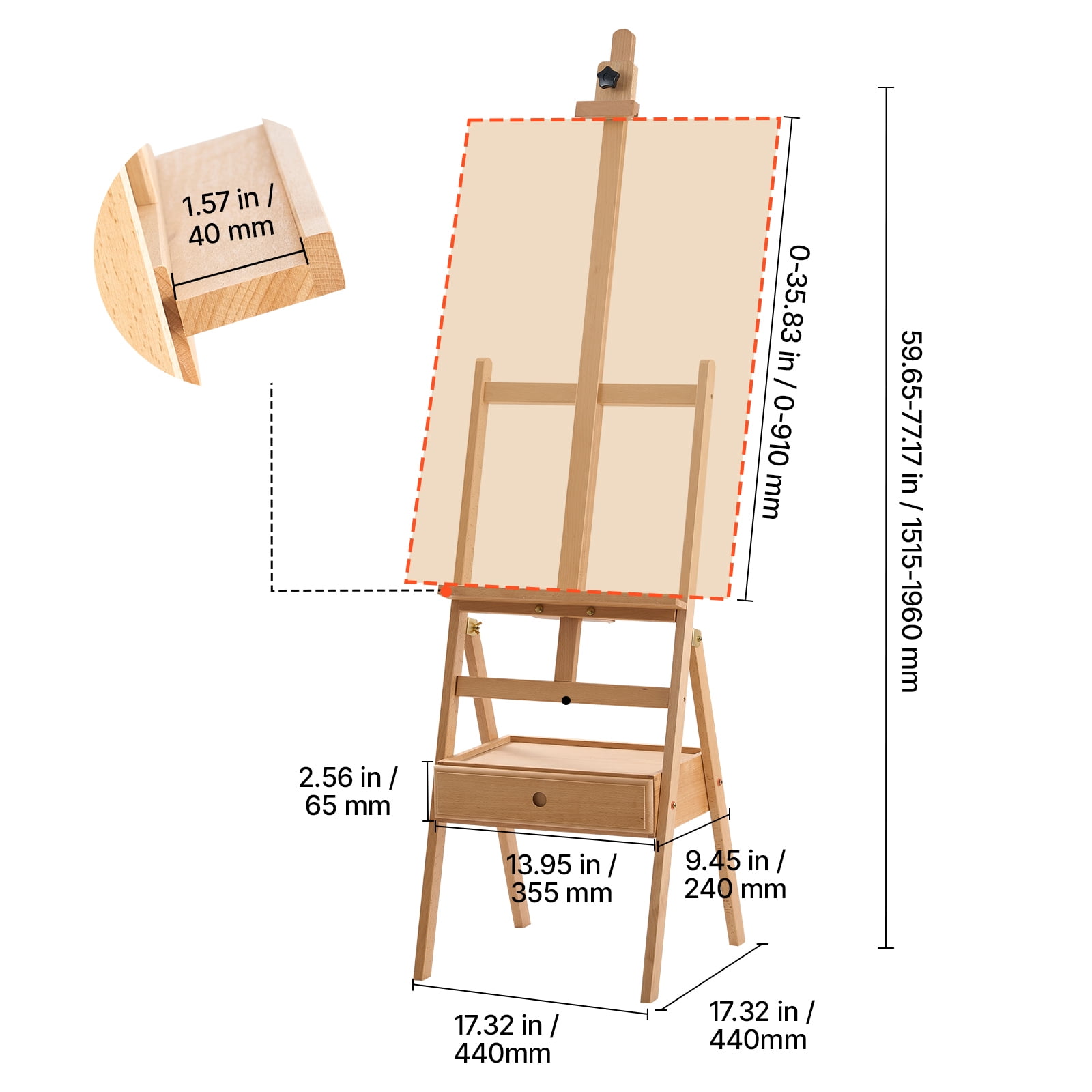 KFFKFF Studio H-Frame Easel with Adjustable Height, Holds Canvas Up to 35.83 Inches, Solid Beech Wood Construction, Versatile Art Easel with Storage Drawer, Natural Finish